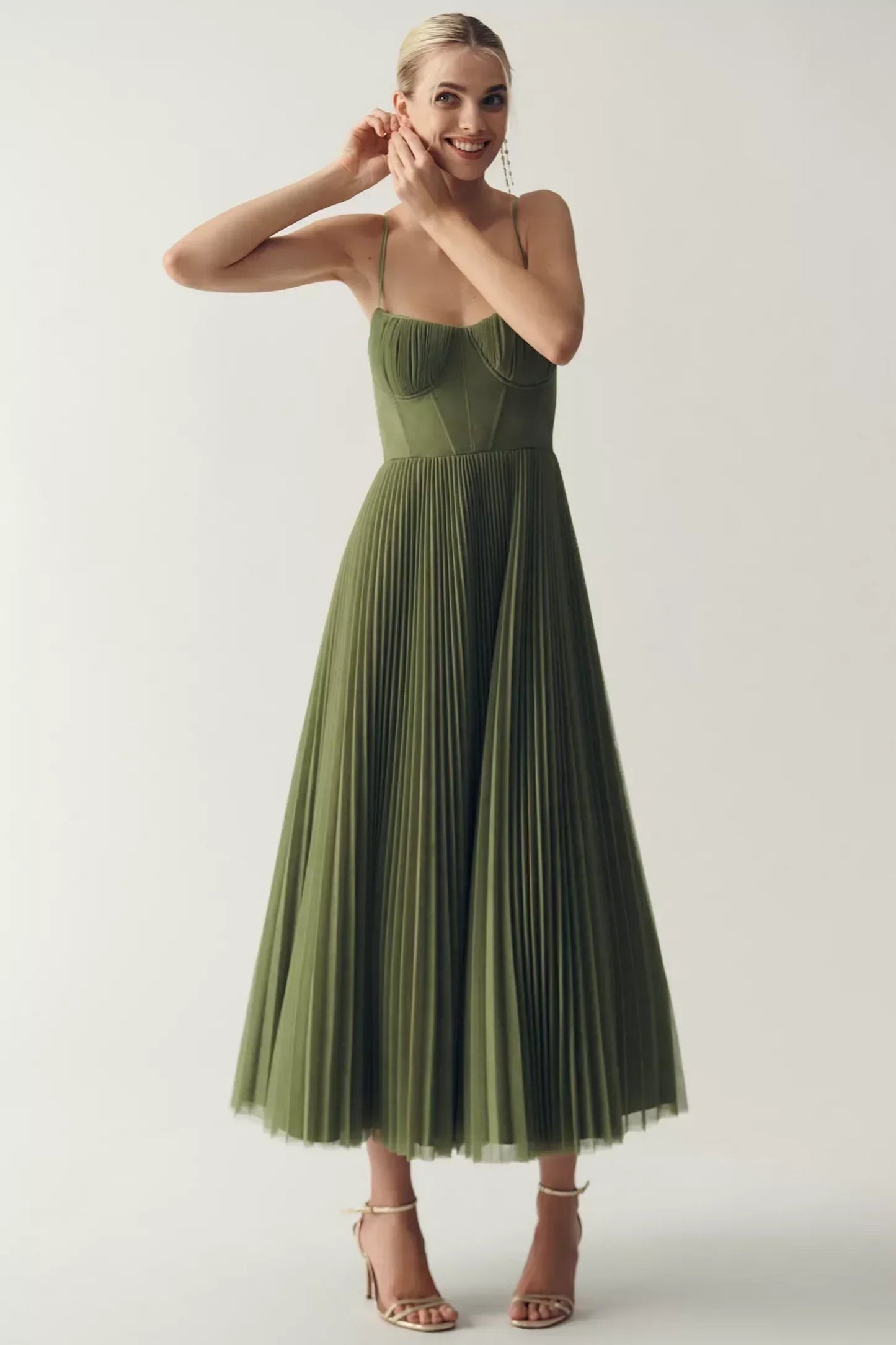 Femme Robe Midi Plissée sans Bretelles avec Bustier et Jupe Évasée