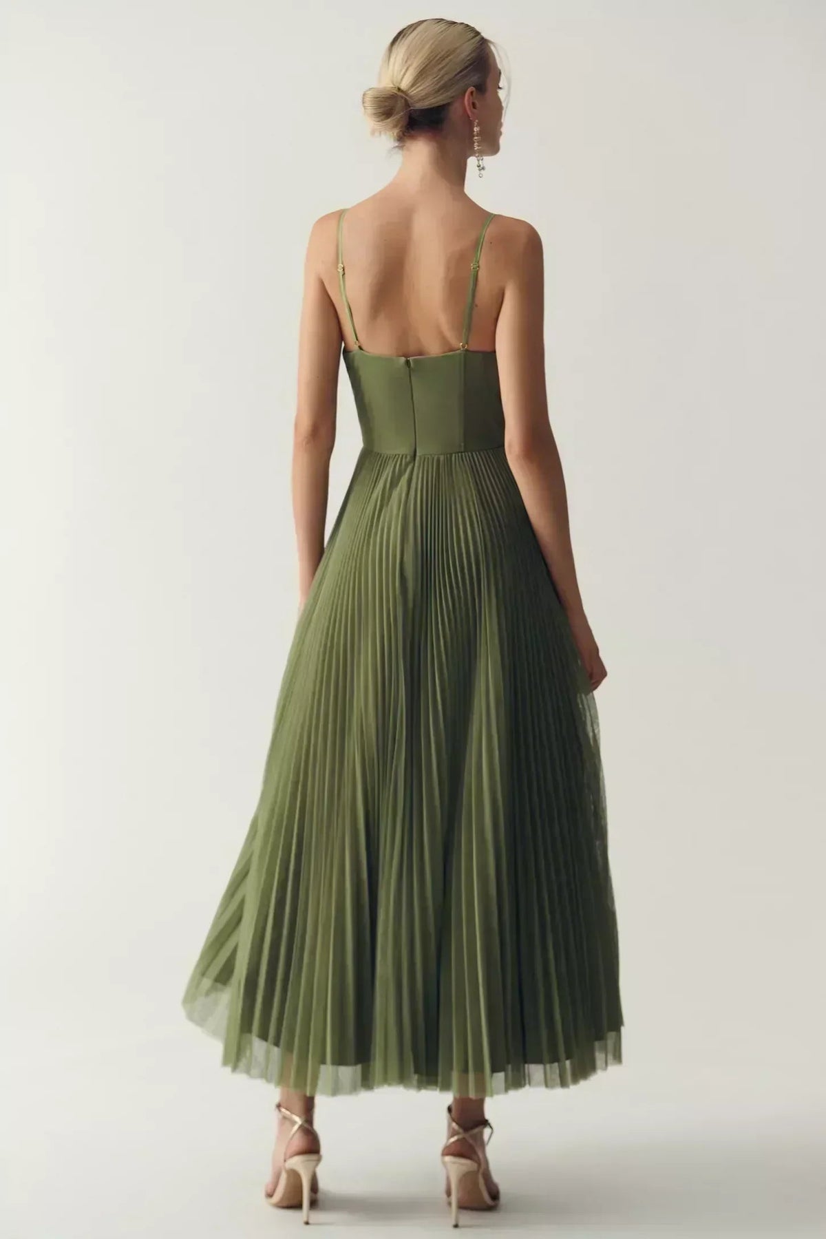 Femme Robe Midi Plissée sans Bretelles avec Bustier et Jupe Évasée