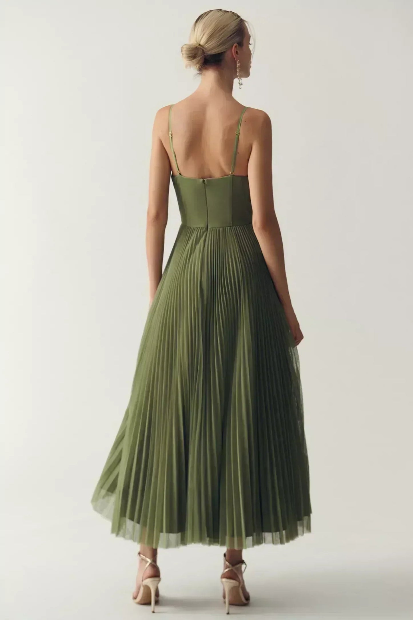 Femme Robe Midi Plissée sans Bretelles avec Bustier et Jupe Évasée