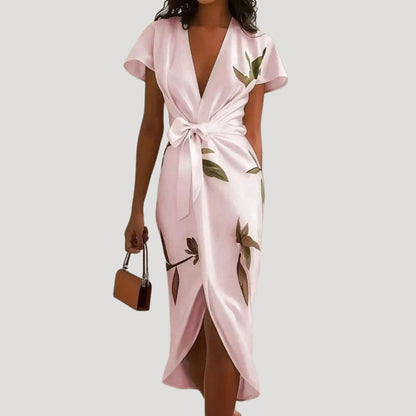 Femme Robe Midi Portefeuille Manches Courtes avec Col en V et Imprimé Floral