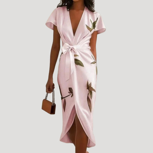 Femme Robe Midi Portefeuille Manches Courtes avec Col en V et Imprimé Floral