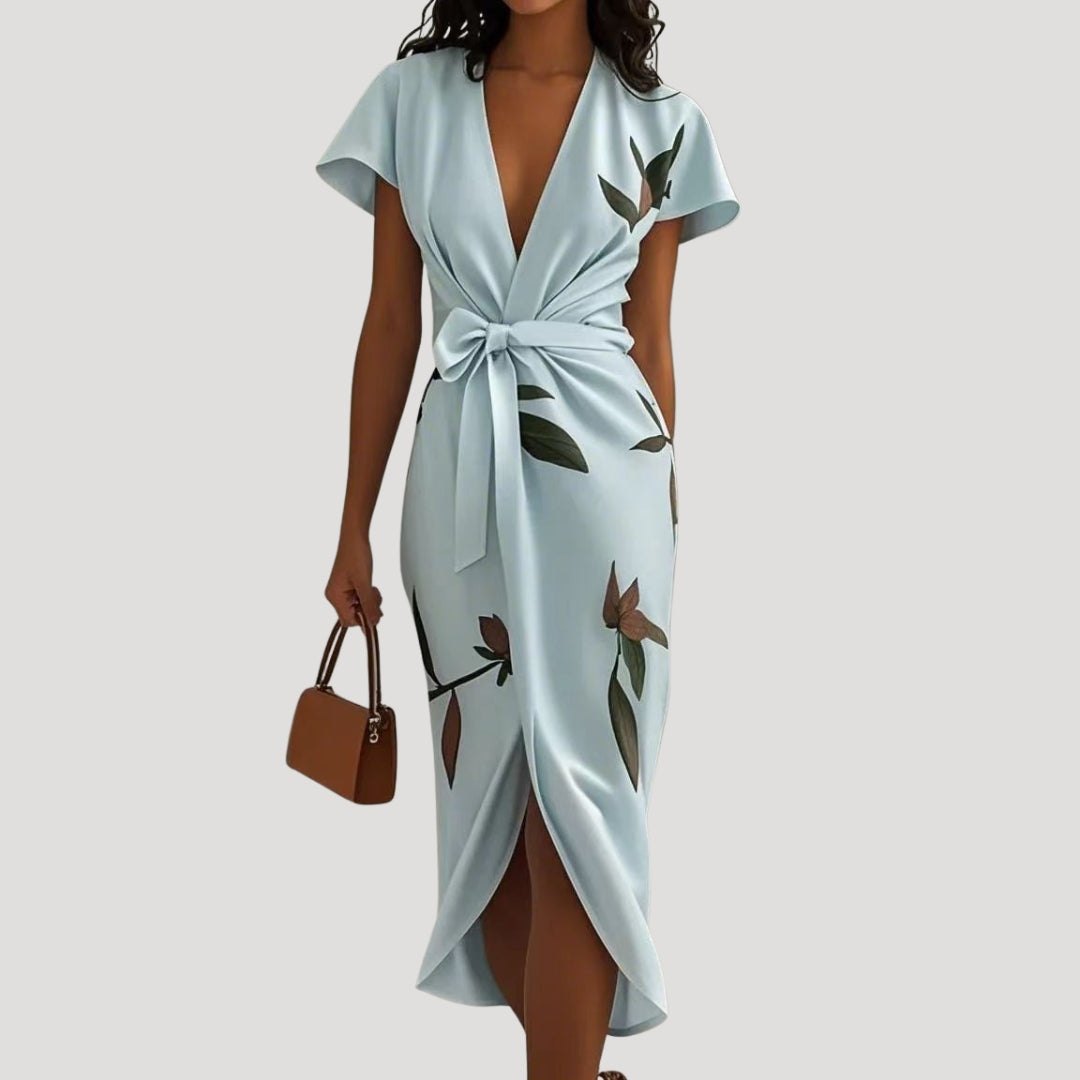 Femme Robe Midi Portefeuille Manches Courtes avec Col en V et Imprimé Floral