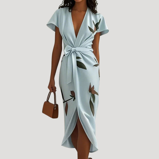Femme Robe Midi Portefeuille Manches Courtes avec Col en V et Imprimé Floral
