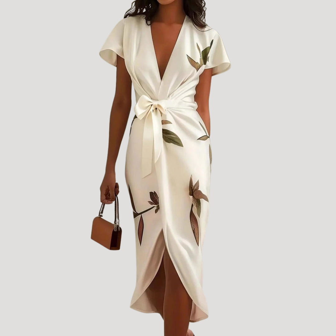 Femme Robe Midi Portefeuille Manches Courtes avec Col en V et Imprimé Floral