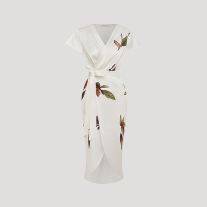 Femme Robe Midi Portefeuille Manches Courtes avec Col en V et Imprimé Floral