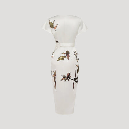 Femme Robe Midi Portefeuille Manches Courtes avec Col en V et Imprimé Floral