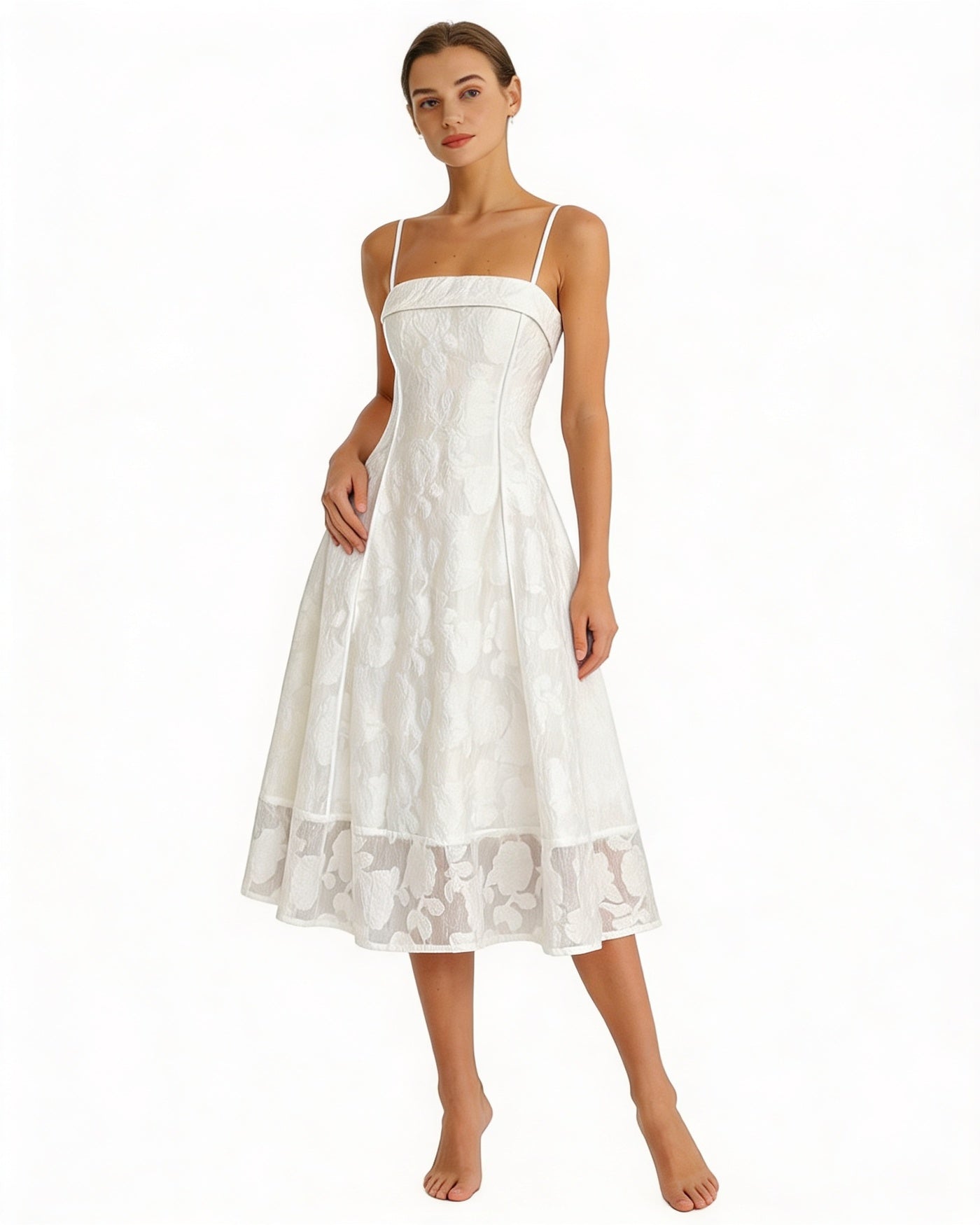 Femme Robe Midi Sans Manches à Col Carré et Silhouette A-Line avec Motif Floral Jacquard