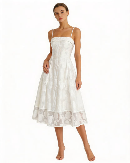 Femme Robe Midi Sans Manches à Col Carré et Silhouette A-Line avec Motif Floral Jacquard