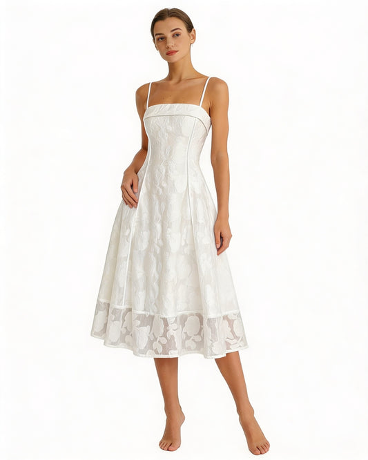Femme Robe Midi Sans Manches à Col Carré et Silhouette A-Line avec Motif Floral Jacquard