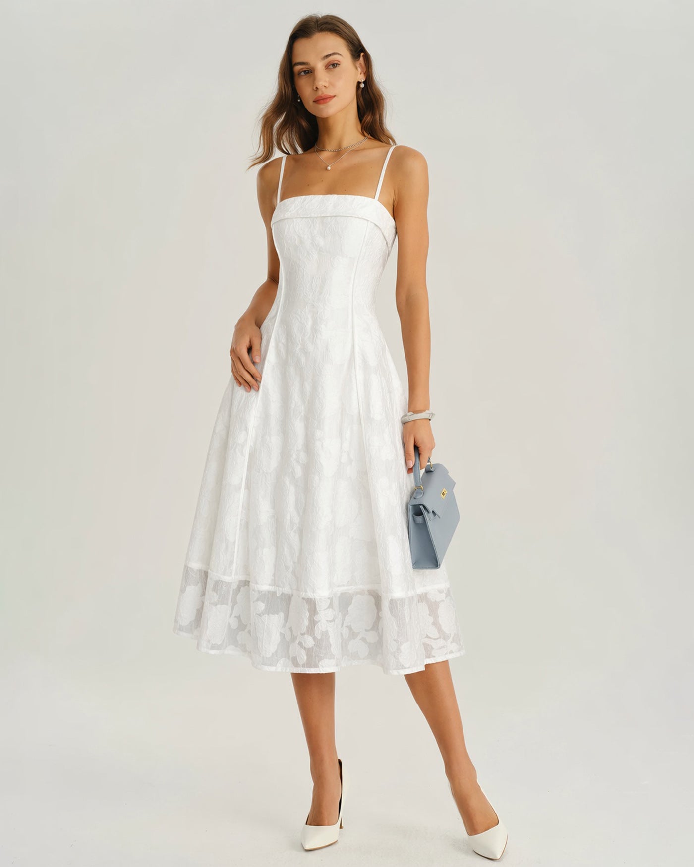 Femme Robe Midi Sans Manches à Col Carré et Silhouette A-Line avec Motif Floral Jacquard
