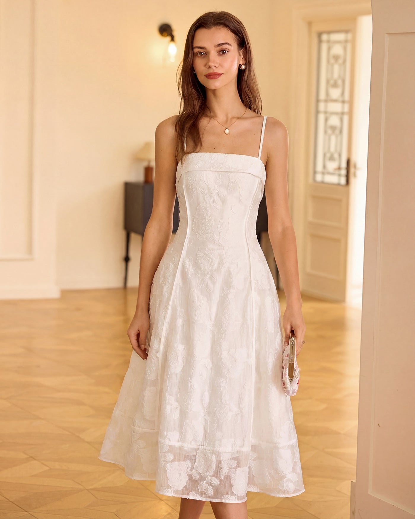 Femme Robe Midi Sans Manches à Col Carré et Silhouette A-Line avec Motif Floral Jacquard