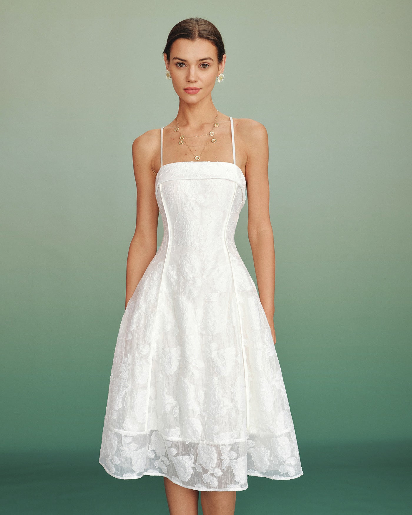 Femme Robe Midi Sans Manches à Col Carré et Silhouette A-Line avec Motif Floral Jacquard