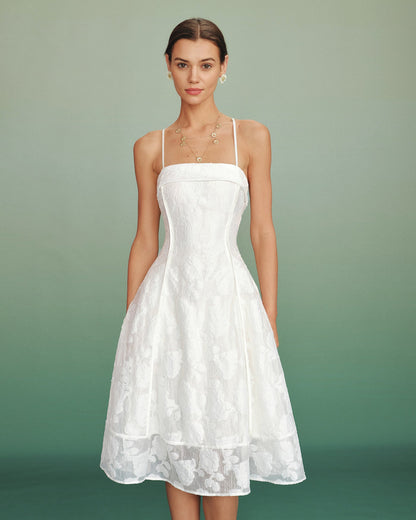 Femme Robe Midi Sans Manches à Col Carré et Silhouette A-Line avec Motif Floral Jacquard