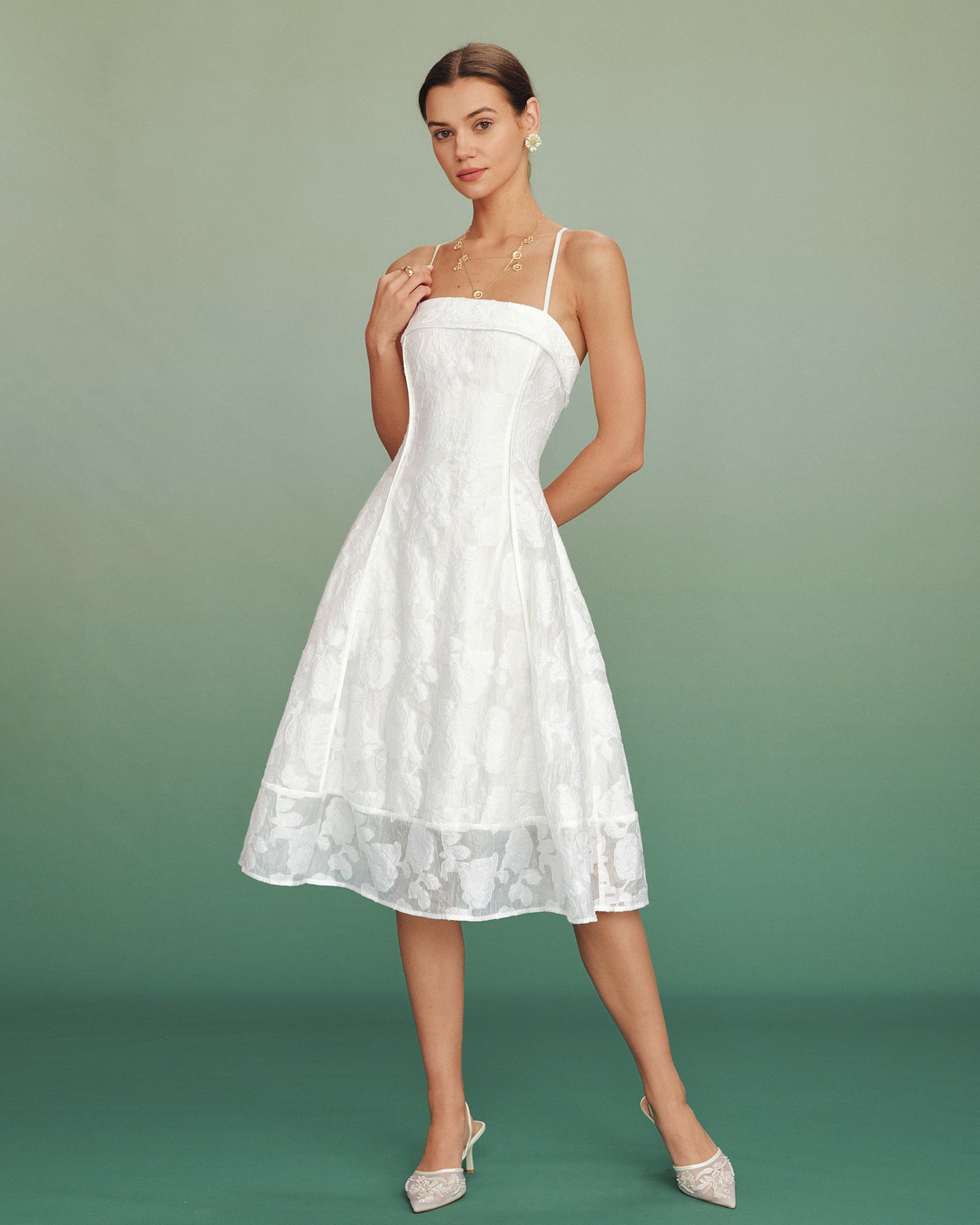 Femme Robe Midi Sans Manches à Col Carré et Silhouette A-Line avec Motif Floral Jacquard