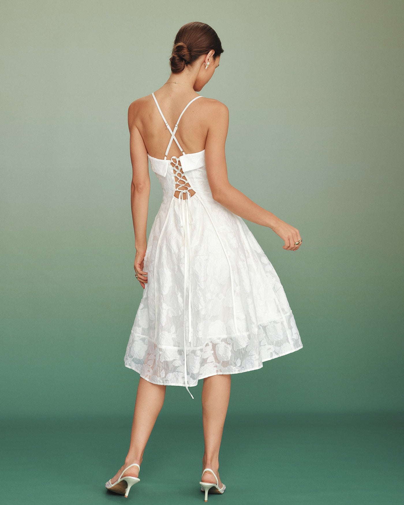 Femme Robe Midi Sans Manches à Col Carré et Silhouette A-Line avec Motif Floral Jacquard