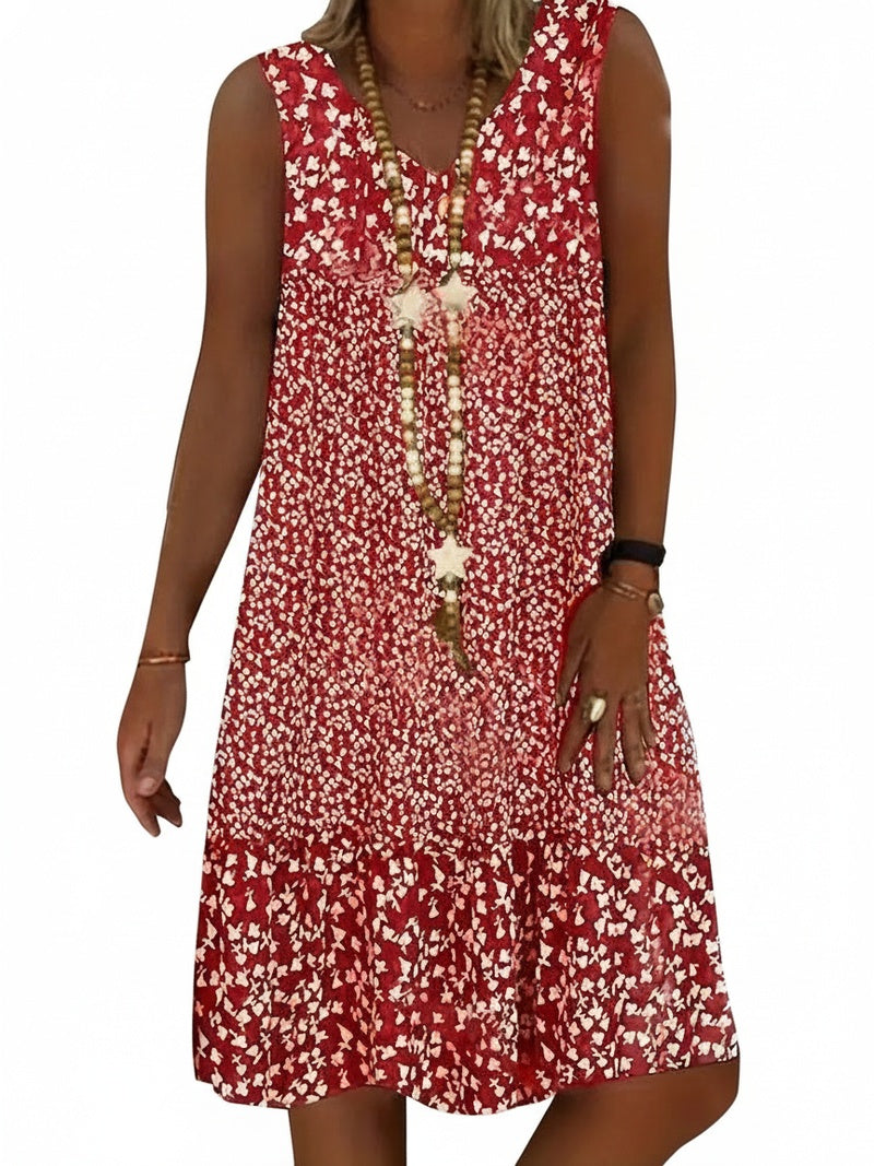 Femme Robe Midi Sans Manches à Col en V et Imprimé Floral