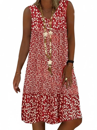 Femme Robe Midi Sans Manches à Col en V et Imprimé Floral