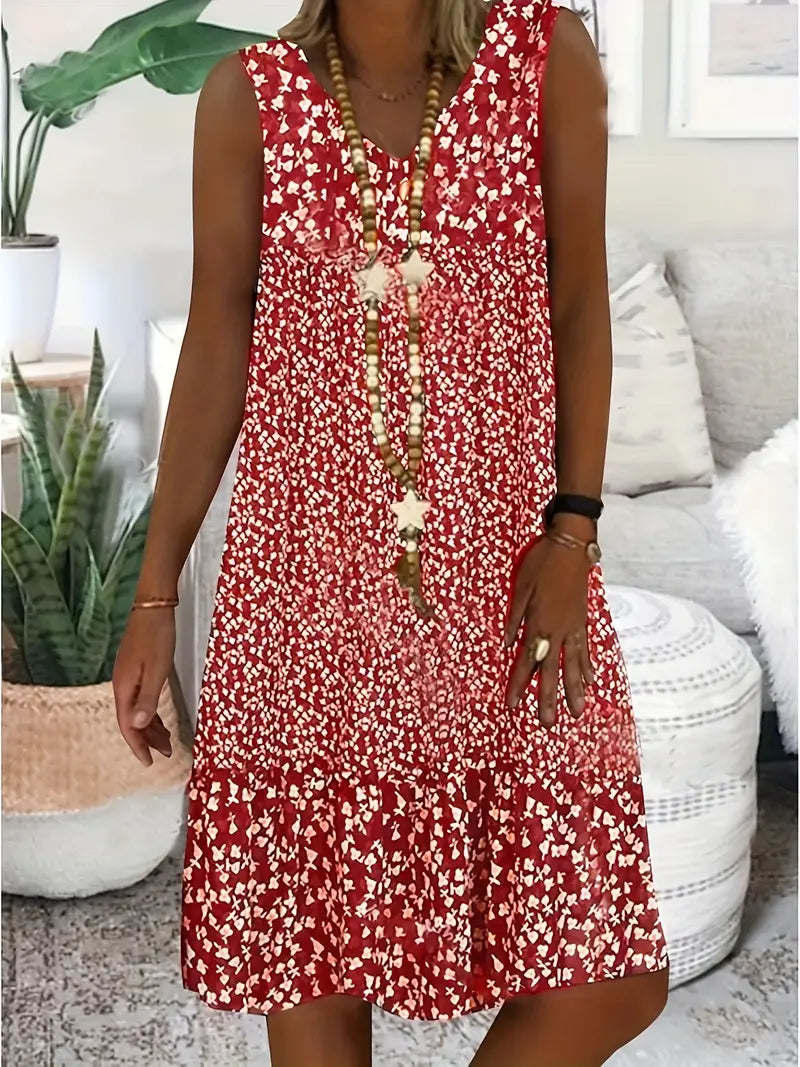 Femme Robe Midi Sans Manches à Col en V et Imprimé Floral