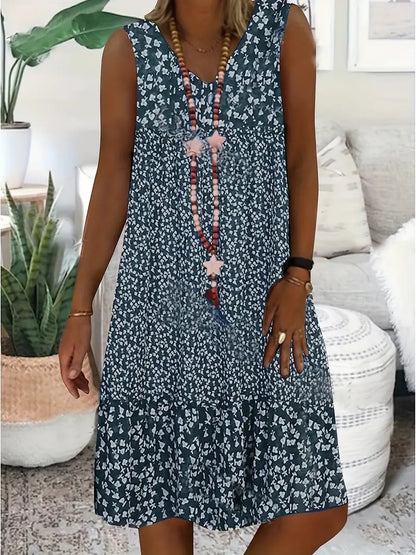 Femme Robe Midi Sans Manches à Col en V et Imprimé Floral