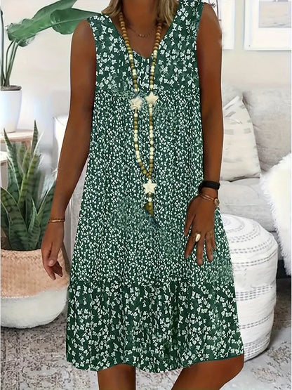 Femme Robe Midi Sans Manches à Col en V et Imprimé Floral