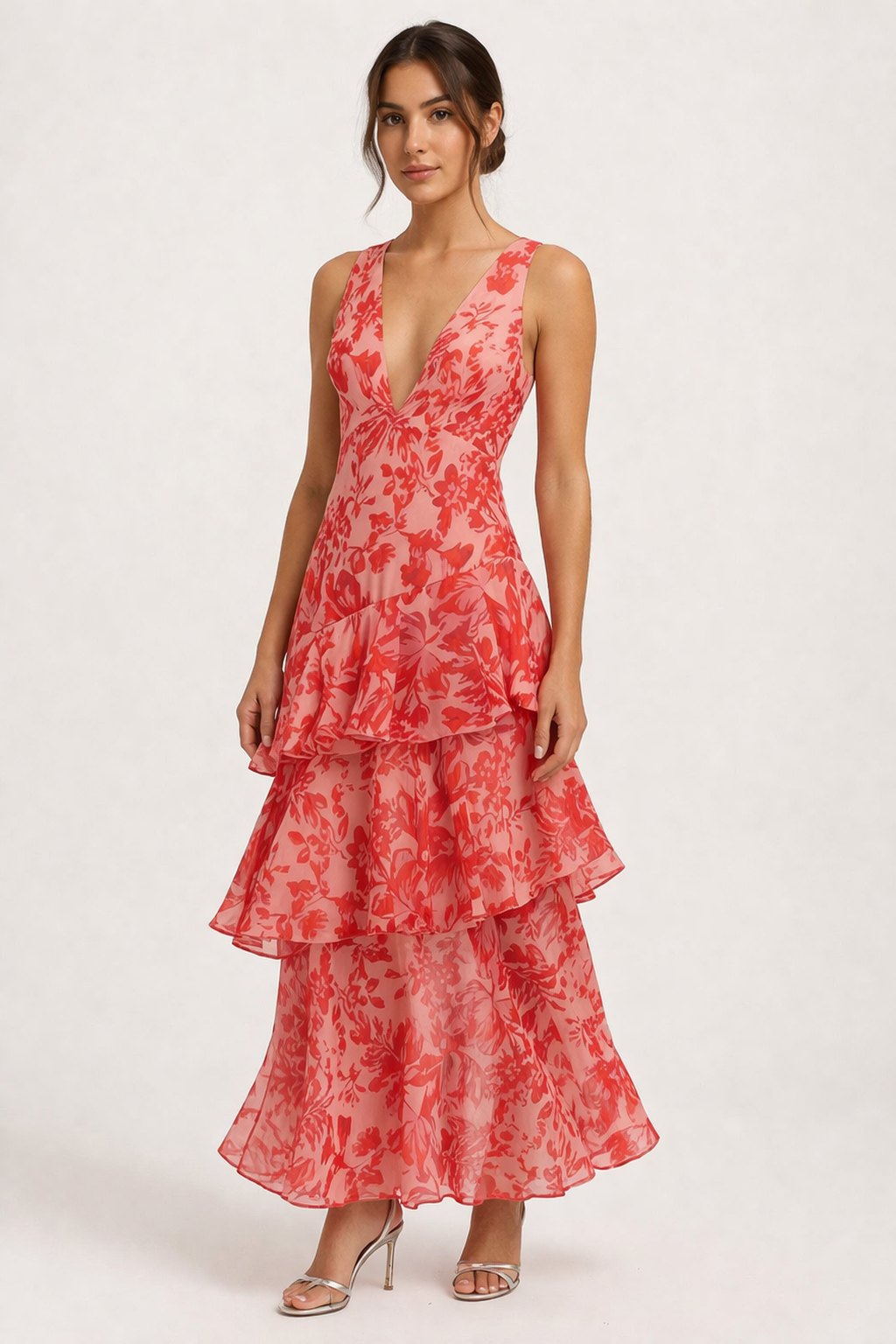 Femme Robe Midi sans Manches à Col en V Imprimé Floral et Jupe à Volants Étagés