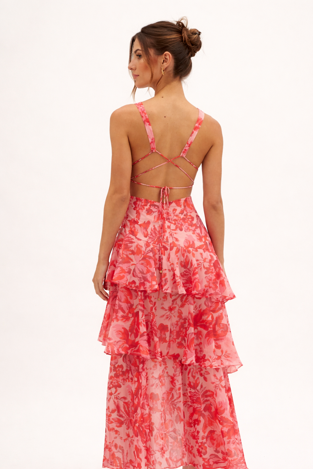 Femme Robe Midi sans Manches à Col en V Imprimé Floral et Jupe à Volants Étagés