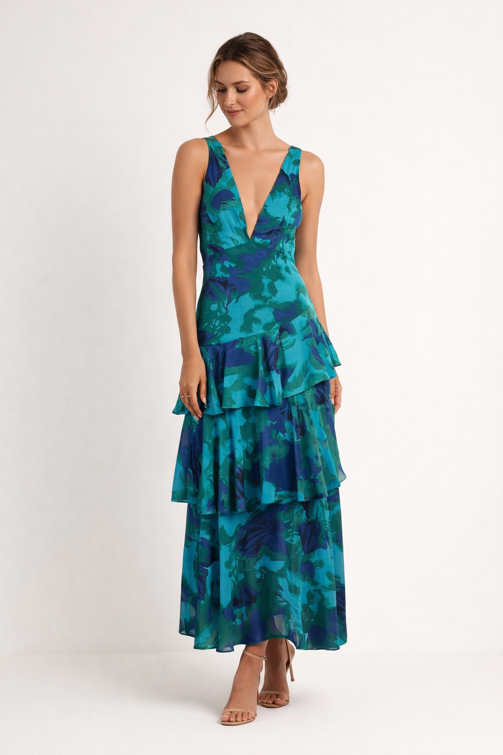 Femme Robe Midi sans Manches à Col en V Imprimé Floral et Jupe à Volants Étagés