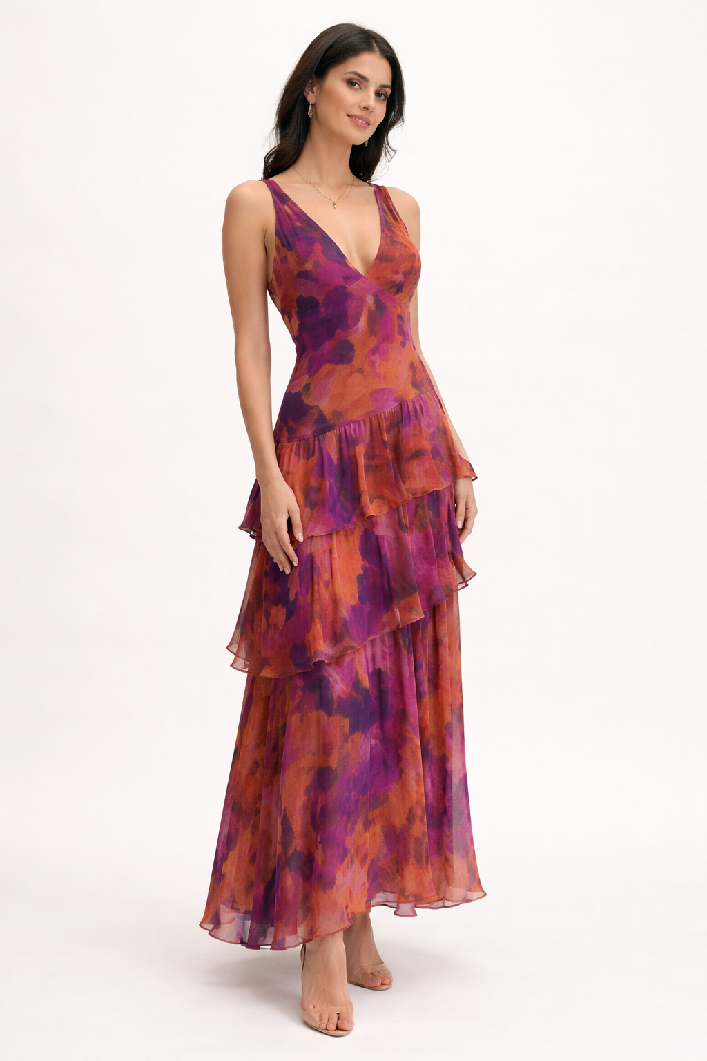 Femme Robe Midi sans Manches à Col en V Imprimé Floral et Jupe à Volants Étagés