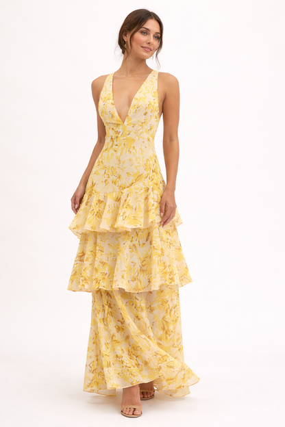 Femme Robe Midi sans Manches à Col en V Imprimé Floral et Jupe à Volants Étagés