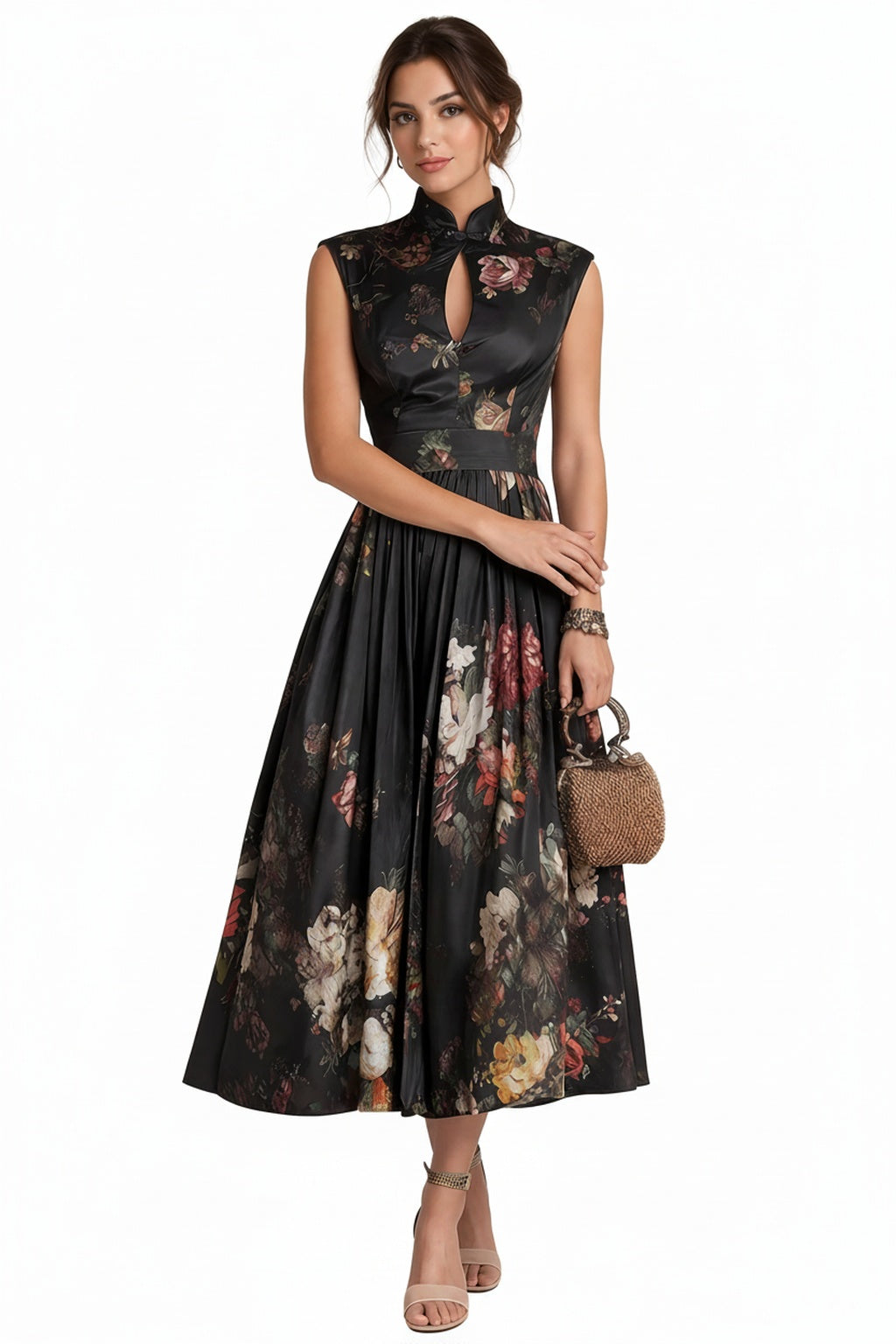 Femme Robe Midi sans Manches à Col Montant et Imprimé Floral en A-line