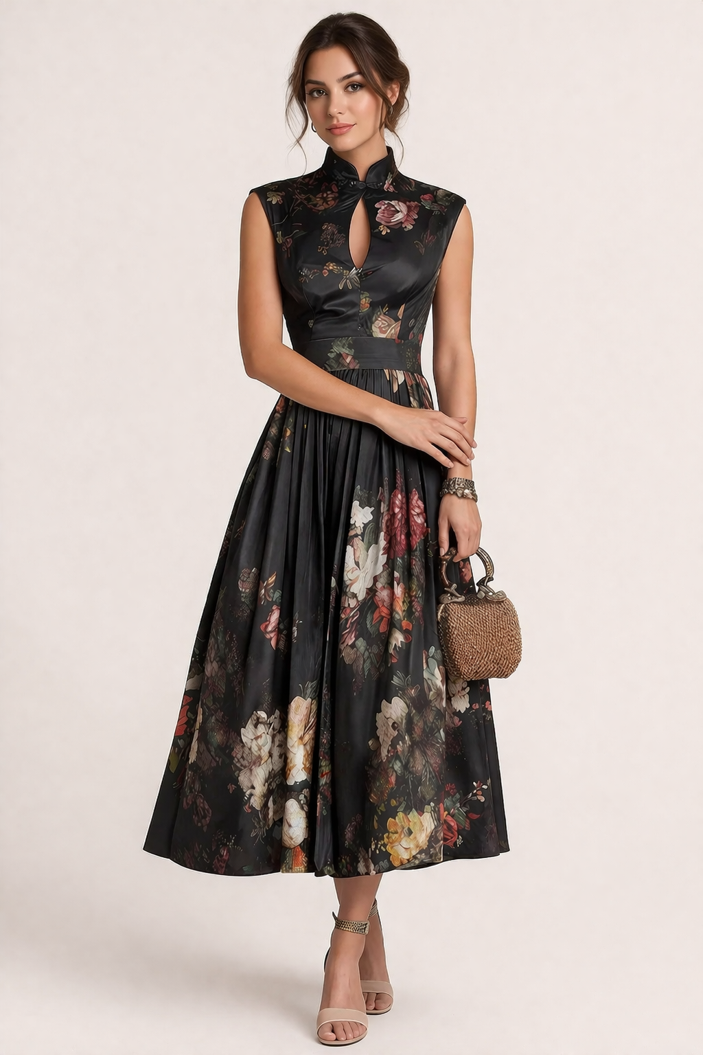 Femme Robe Midi sans Manches à Col Montant et Imprimé Floral en A-line