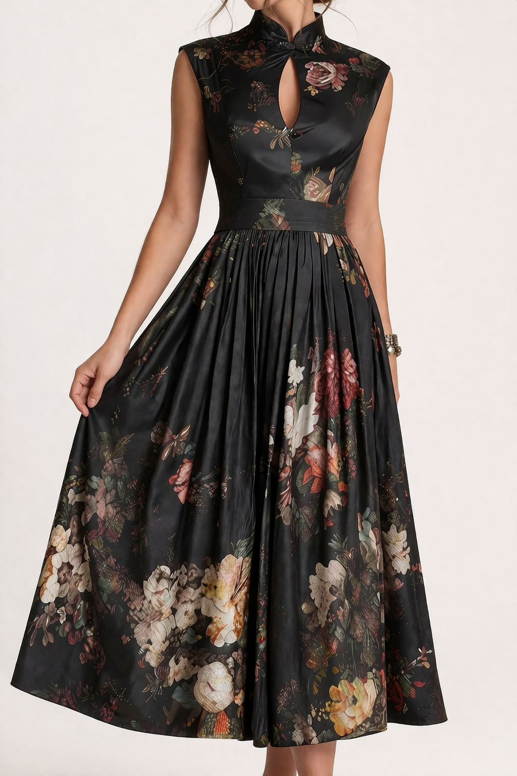 Femme Robe Midi sans Manches à Col Montant et Imprimé Floral en A-line