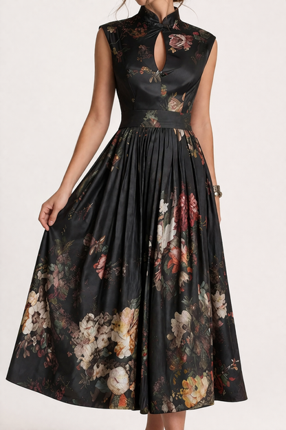 Femme Robe Midi sans Manches à Col Montant et Imprimé Floral en A-line