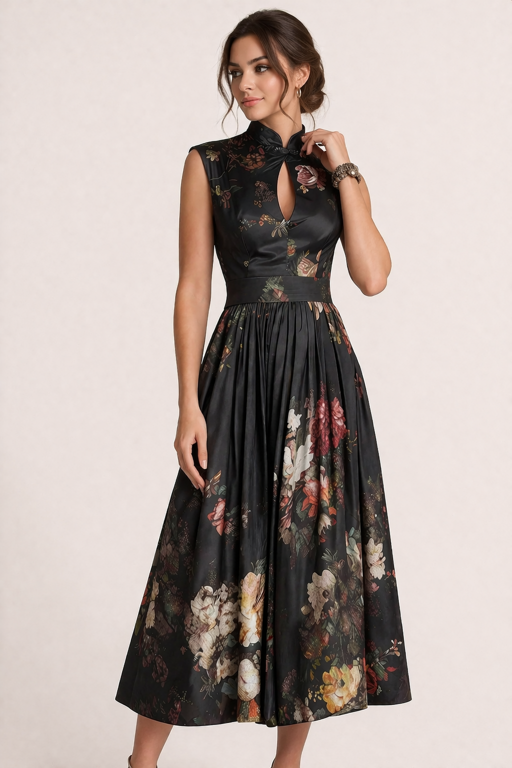 Femme Robe Midi sans Manches à Col Montant et Imprimé Floral en A-line