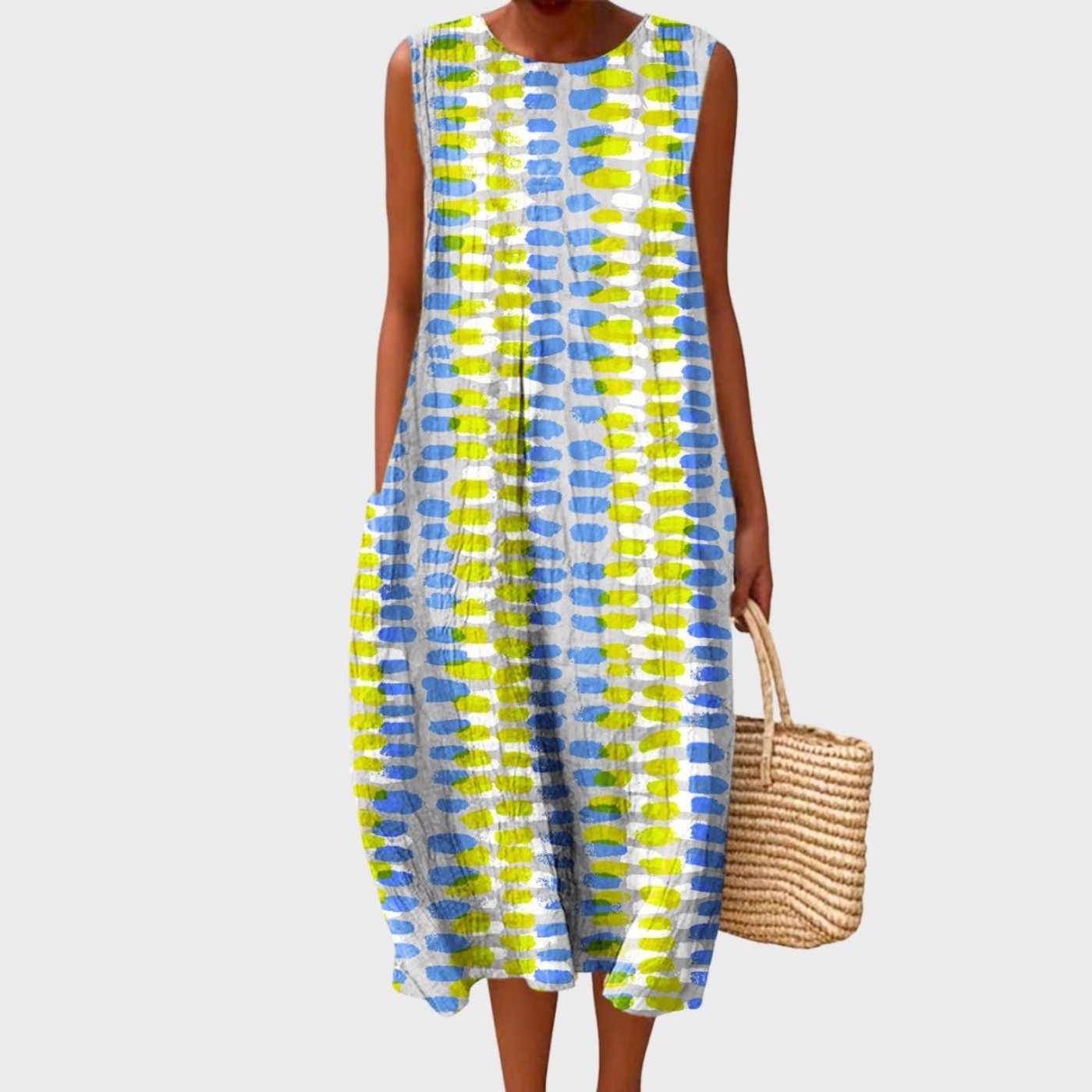 Femme Robe Midi Sans Manches à Encolure Ronde et Imprimé Fantaisie Oversize