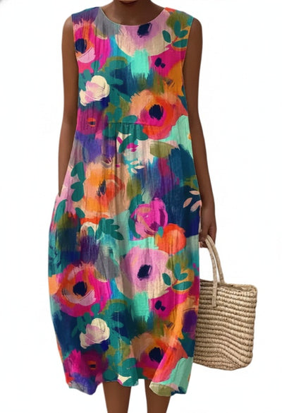 Femme Robe Midi sans Manches à Encolure Ronde et Imprimé Fleuri