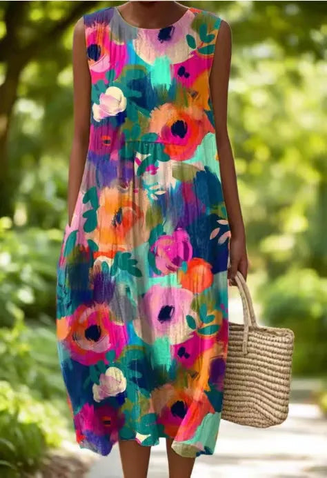 Femme Robe Midi sans Manches à Encolure Ronde et Imprimé Fleuri