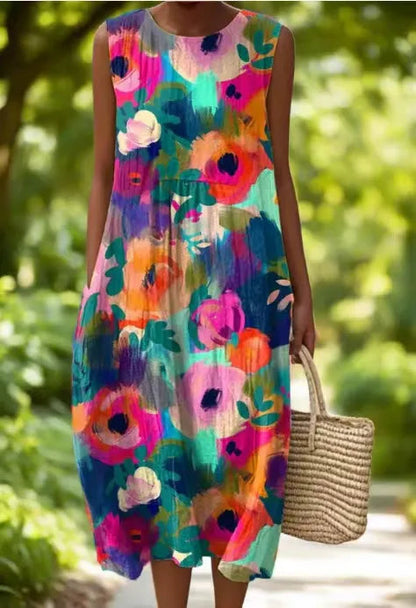 Femme Robe Midi sans Manches à Encolure Ronde et Imprimé Fleuri