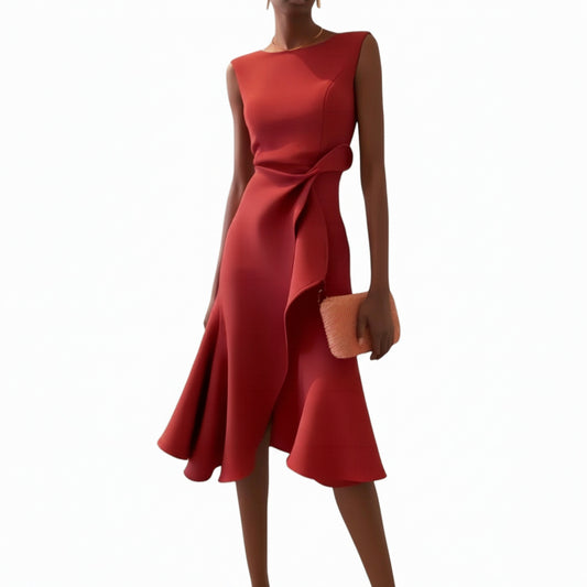 Femme Robe Midi Sans Manches Asymétrique avec Drapé et Ourlet Évasé