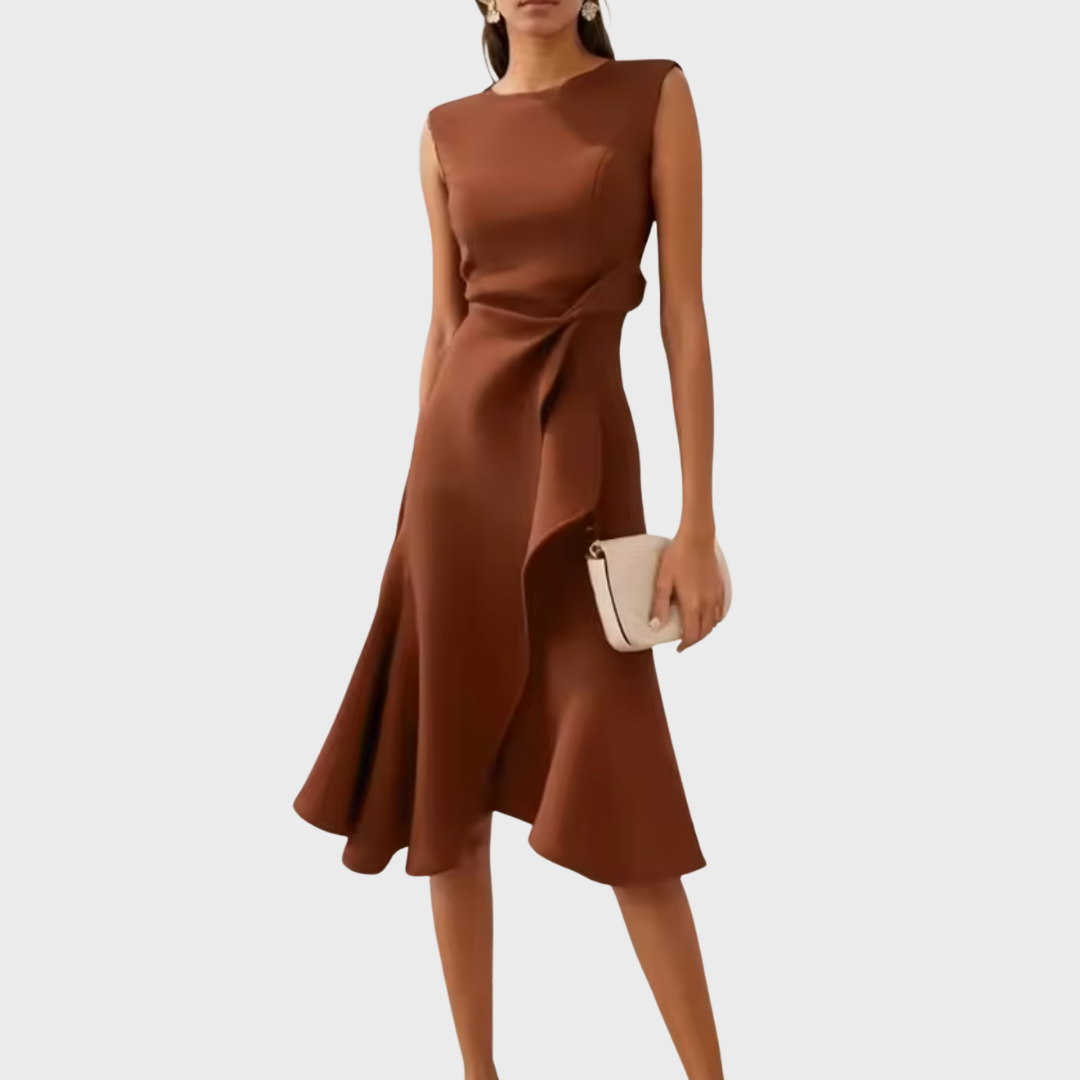 Femme Robe Midi Sans Manches Asymétrique avec Drapé et Ourlet Évasé