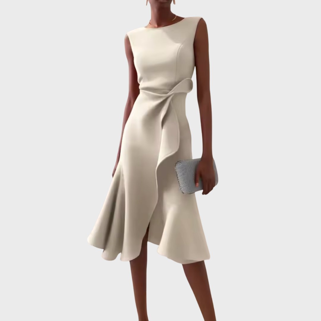 Femme Robe Midi Sans Manches Asymétrique avec Drapé et Ourlet Évasé