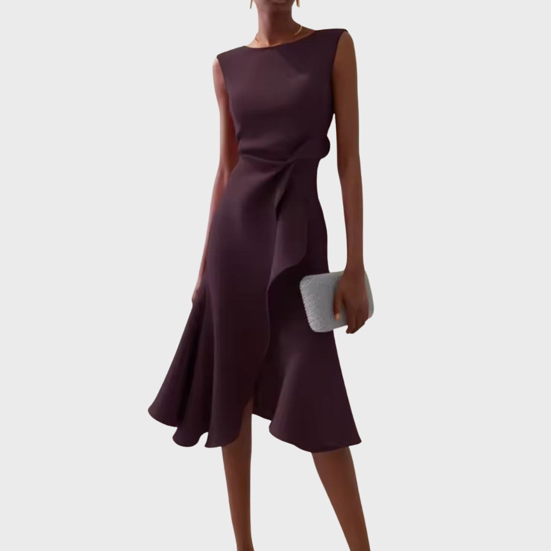 Femme Robe Midi Sans Manches Asymétrique avec Drapé et Ourlet Évasé