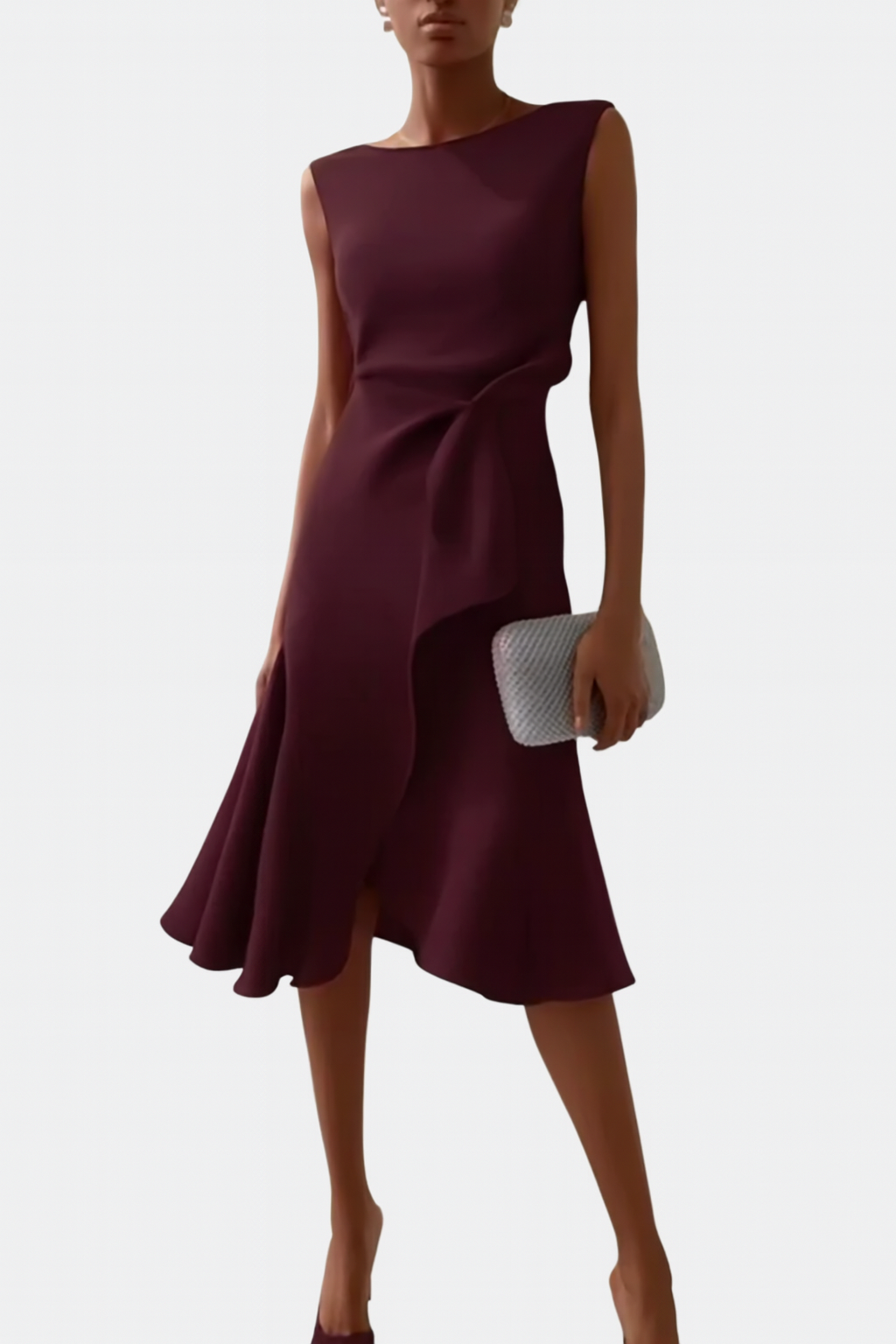 Femme Robe Midi Sans Manches Asymétrique avec Drapé et Ourlet Évasé