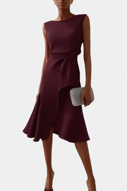 Femme Robe Midi Sans Manches Asymétrique avec Drapé et Ourlet Évasé