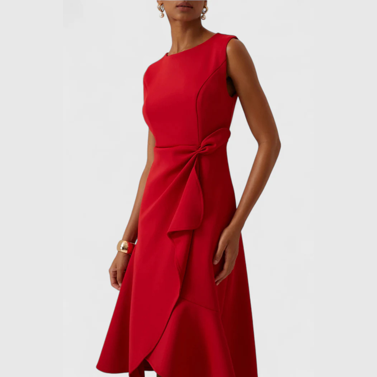 Femme Robe Midi Sans Manches Asymétrique avec Drapé et Ourlet Évasé