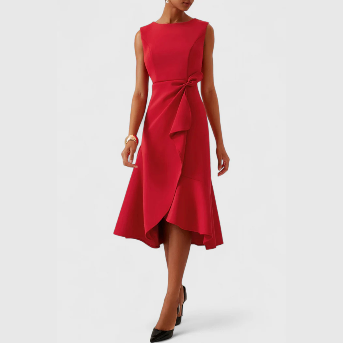 Femme Robe Midi Sans Manches Asymétrique avec Drapé et Ourlet Évasé