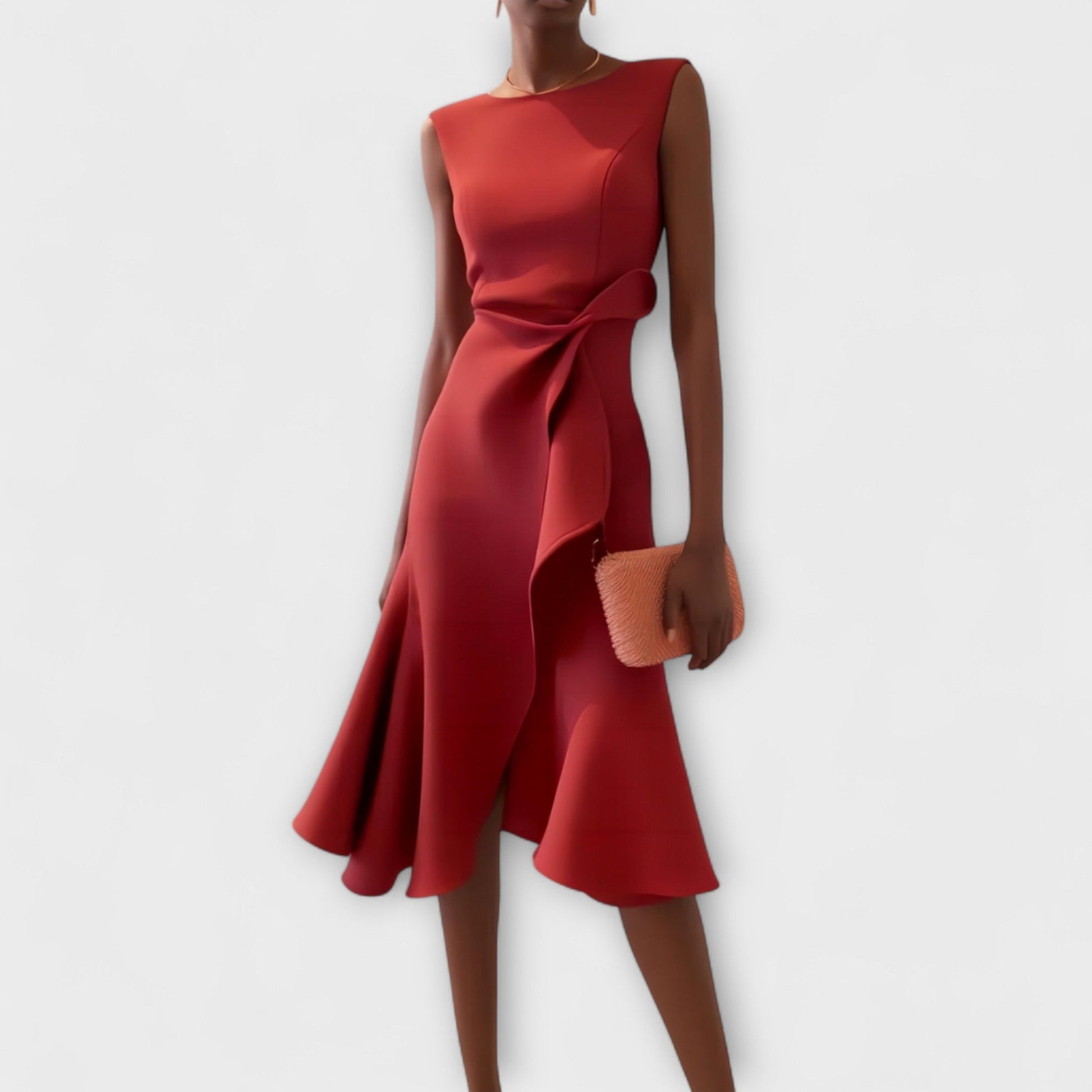 Femme Robe Midi Sans Manches Asymétrique avec Drapé et Ourlet Évasé