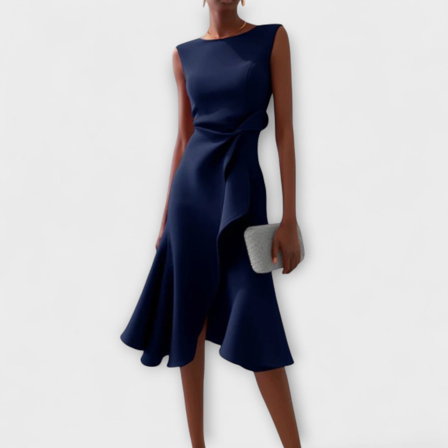Femme Robe Midi Sans Manches Asymétrique avec Drapé et Ourlet Évasé