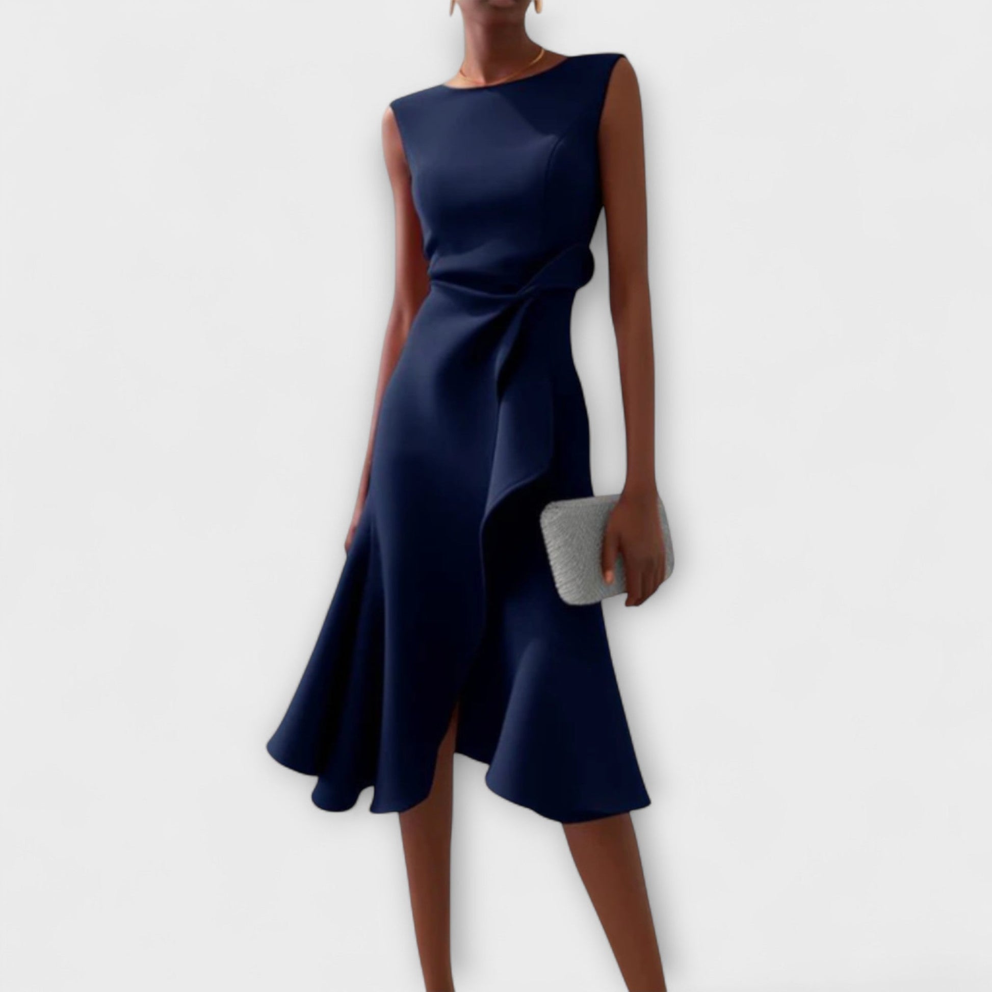 Femme Robe Midi Sans Manches Asymétrique avec Drapé et Ourlet Évasé