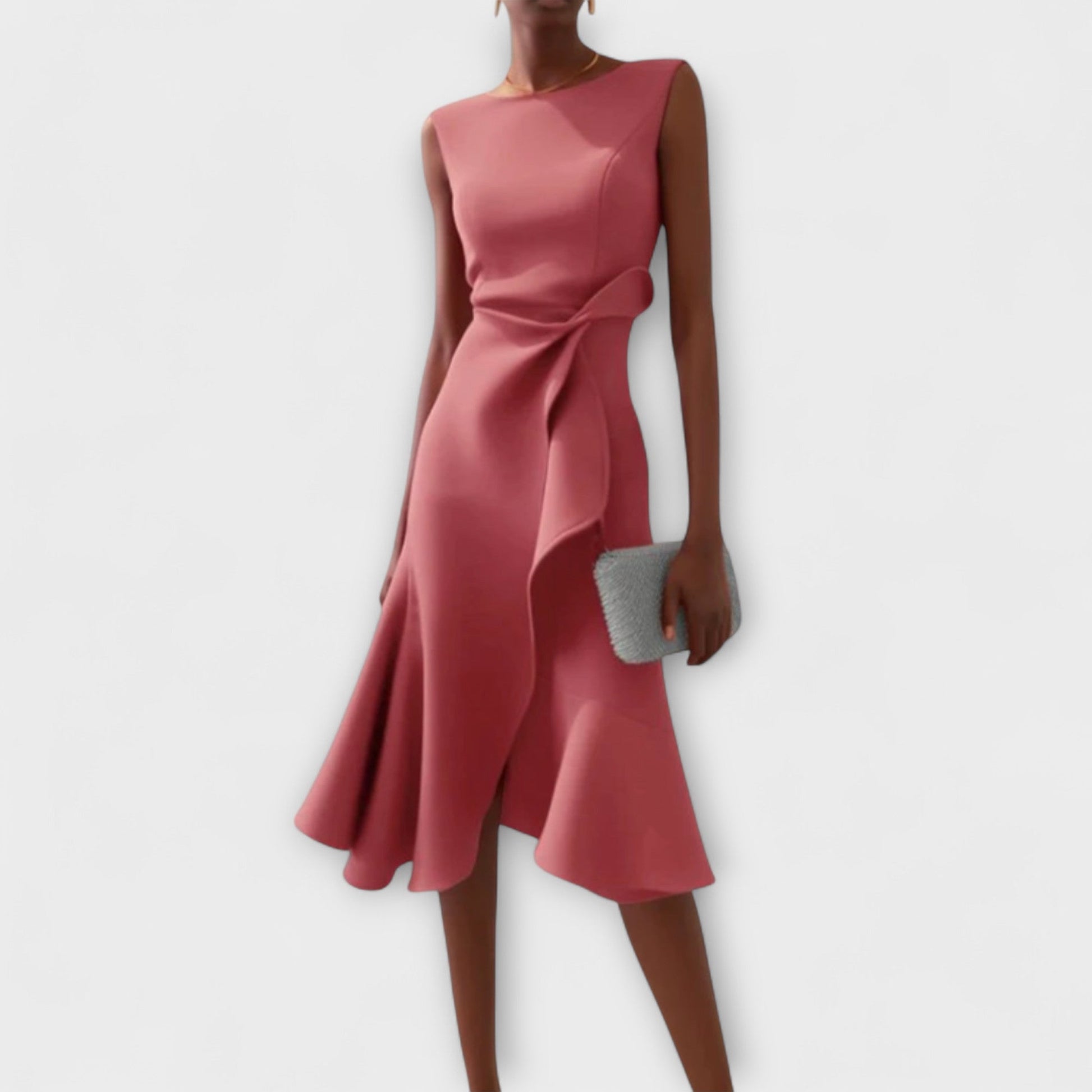 Femme Robe Midi Sans Manches Asymétrique avec Drapé et Ourlet Évasé